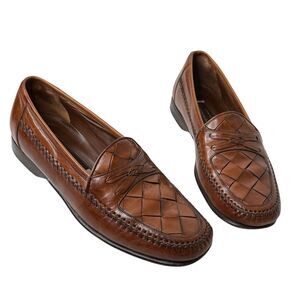 Johnston&Murphy Shoes Mens 9M Woven Venetian Loafers Brown Leather Preppy Italy